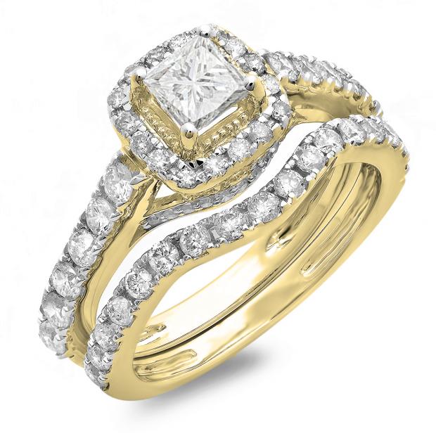 2.00 Carat (ctw) 14K Yellow Gold Princess & Round Diamond Ladies Halo Style Bridal Engagement Ring Matching Band Set 2 CT