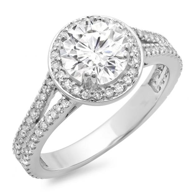 1.50 Carat (ctw) 14K White Gold Round Cut Diamond Ladies Bridal Split Shank Halo Engagement Ring 1 1/2 CT