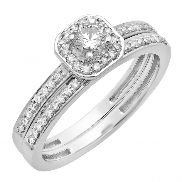 0.55 Carat (ctw) 14K White Gold Round Cut Diamond Ladies Halo Engagement Bridal Ring With Matching Band Set 1/2 CT