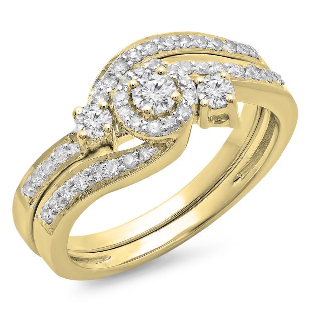 0.65 Carat (ctw) 14K Yellow Gold Round Diamond Ladies Twisted Swirl Bridal Halo Engagement Ring With Matching Band Set