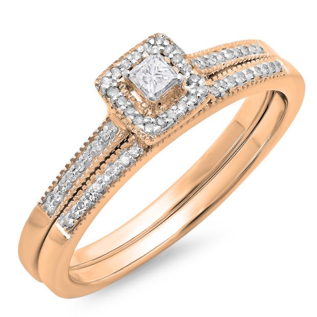 0.25 Carat (ctw) 14K Rose Gold Princess & Round Diamond Ladies Milgrain Bridal Halo Engagement Ring With Matching Band Set 1/4 CT