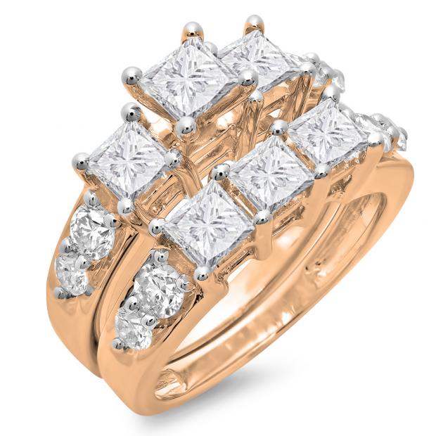 3.10 Carat (ctw) 14K Rose Gold Princess & Round Diamond Ladies Bridal 3 Stone Engagement Ring With Matching Band Set 3 1/10 CT