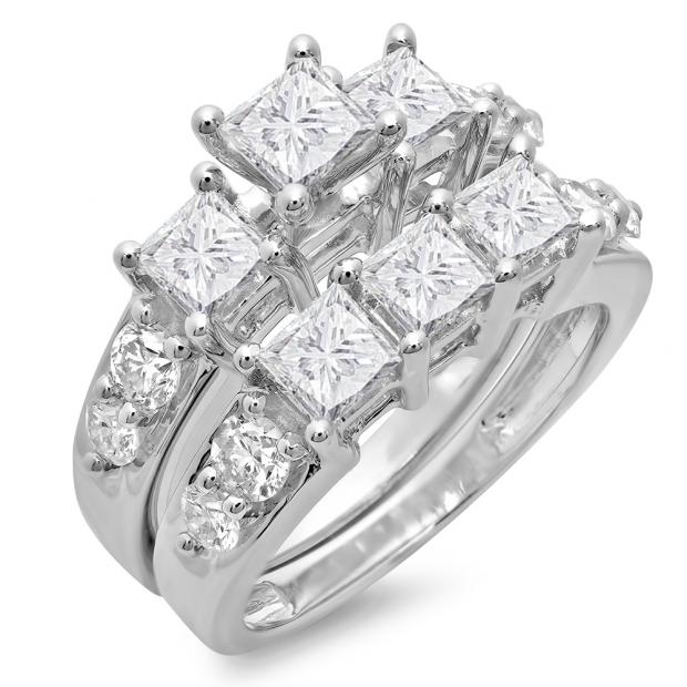 3.10 Carat (ctw) 14K White Gold Princess & Round Diamond Ladies Bridal 3 Stone Engagement Ring With Matching Band Set 3 1/10 CT