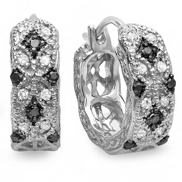 0.22 Carat (ctw) Sterling Silver Round Black & White Diamond Ladies Hoop Earrings 1/4 CT