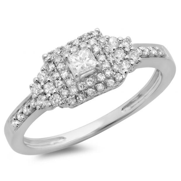 0.45 Carat (ctw) 10K White Gold Princess & Round Diamond Ladies Bridal Halo Engagement Ring 1/2 CT