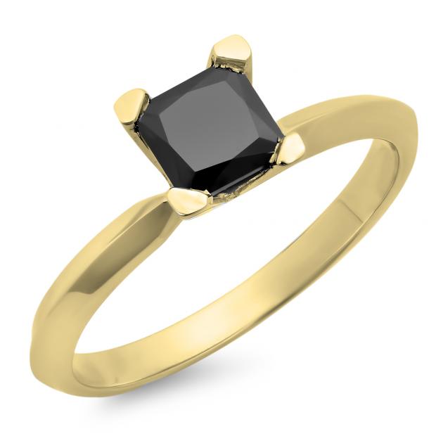 1.00 Carat (ctw) 14K Yellow Gold Princess Cut Black Diamond Ladies Solitaire Bridal Engagement Ring 1 CT