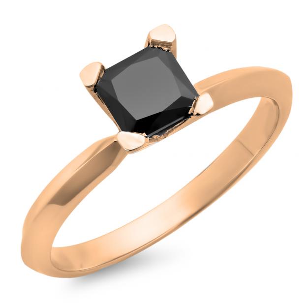 1.00 Carat (ctw) 18K Rose Gold Princess Cut Black Diamond Ladies Solitaire Bridal Engagement Ring 1 CT
