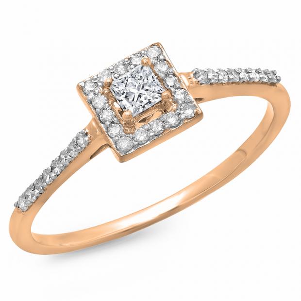0.40 Carat (ctw) 14K Rose Gold Princess & Round Cut Diamond Ladies Bridal Halo Engagement Ring