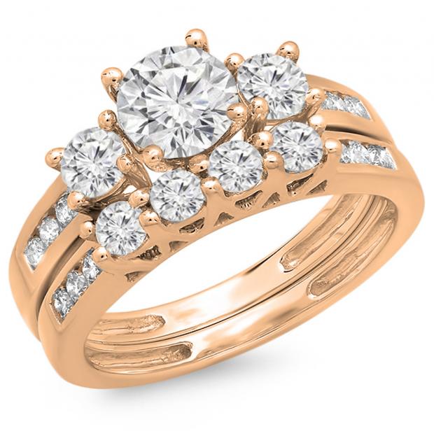 1.80 Carat (ctw) 14K Rose Gold Round Diamond Ladies Bridal 3 Stone Engagement Ring With Matching Band Set