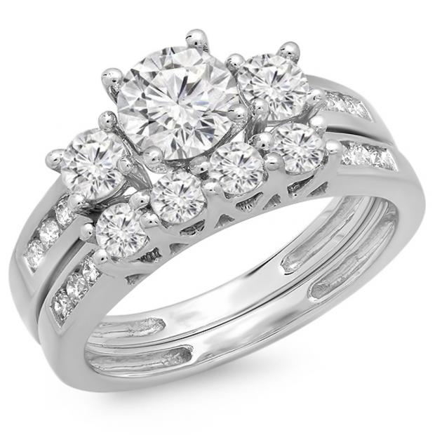 1.80 Carat (ctw) 14K White Gold Round Diamond Ladies Bridal 3 Stone Engagement Ring With Matching Band Set