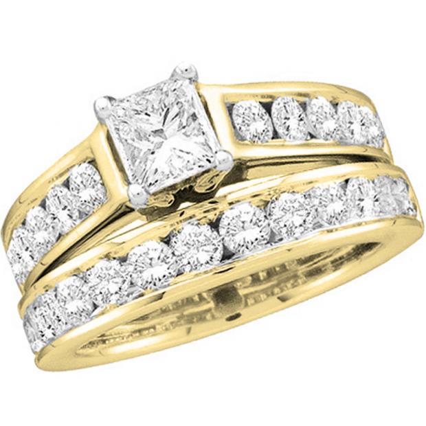 2.00 Carat (ctw) 14K Yellow Gold Princess & Round Cut Diamond Ladies Bridal Engagement Ring With Matching Band Set 2 CT