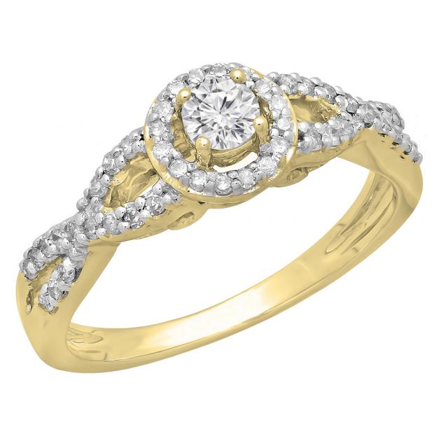 0.50 Carat (ctw) 10K Yellow Gold Round Diamond Ladies Swirl Split Shank Bridal Halo Style Engagement Ring 1/2 CT