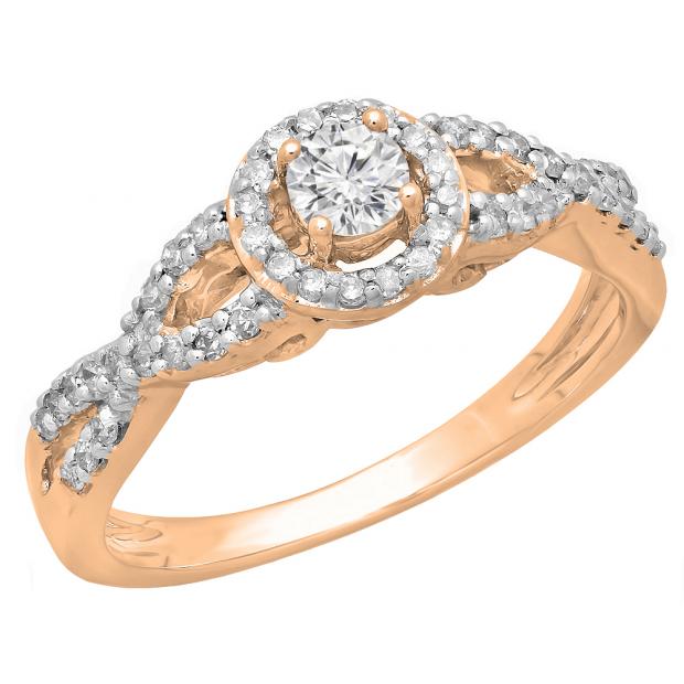 0.50 Carat (ctw) 14K Rose Gold Round Diamond Ladies Swirl Split Shank Bridal Halo Style Engagement Ring 1/2 CT