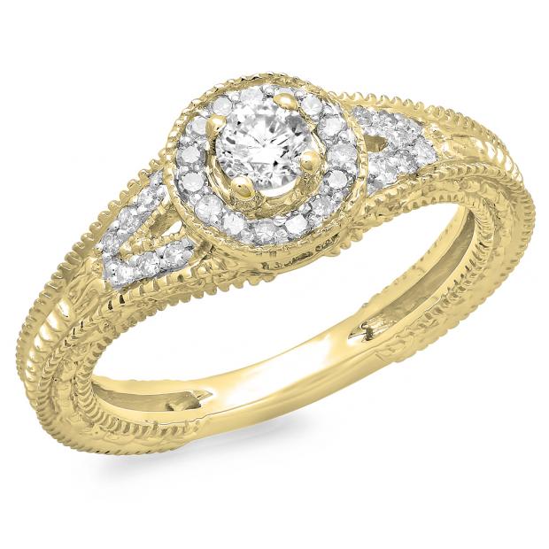 0.50 Carat (ctw) 10K Yellow Gold Round Diamond Ladies Split Shank Bridal Vintage Halo Style Engagement Ring 1/2 CT