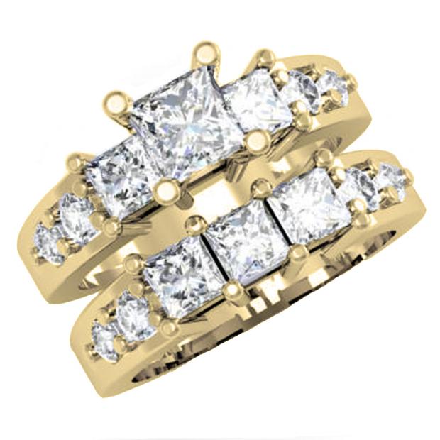 3.25 Carat (ctw) 14K Yellow Gold Princess & Round Diamond Ladies Bridal 3 Stone Engagement Ring With Matching Band Set 3 1/4 CT