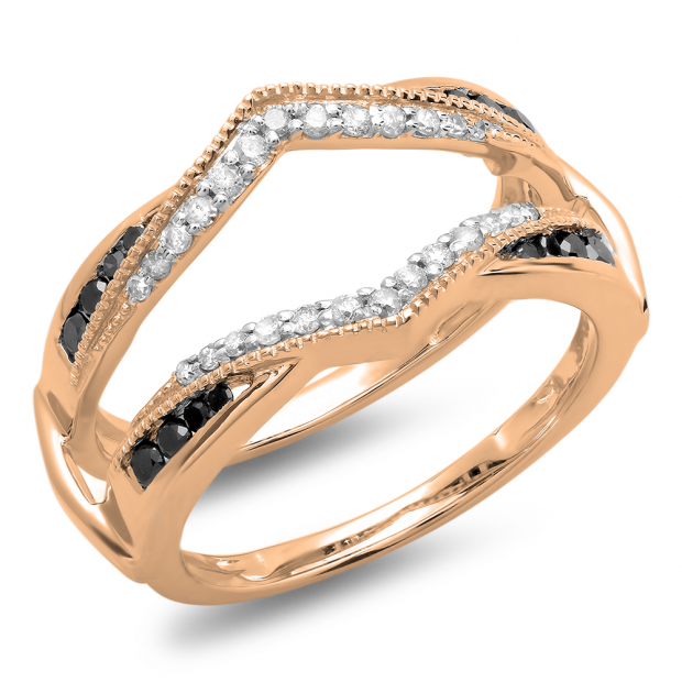 0.50 Carat (ctw) 10K Rose Gold Round Black & White Diamond Ladies Anniversary Wedding Band Enhancer Guard Double Ring 1/2 CT