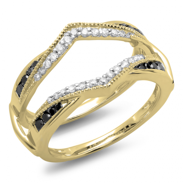 0.50 Carat (ctw) 14K Yellow Gold Round Black & White Diamond Ladies Anniversary Wedding Band Enhancer Guard Double Ring 1/2 CT