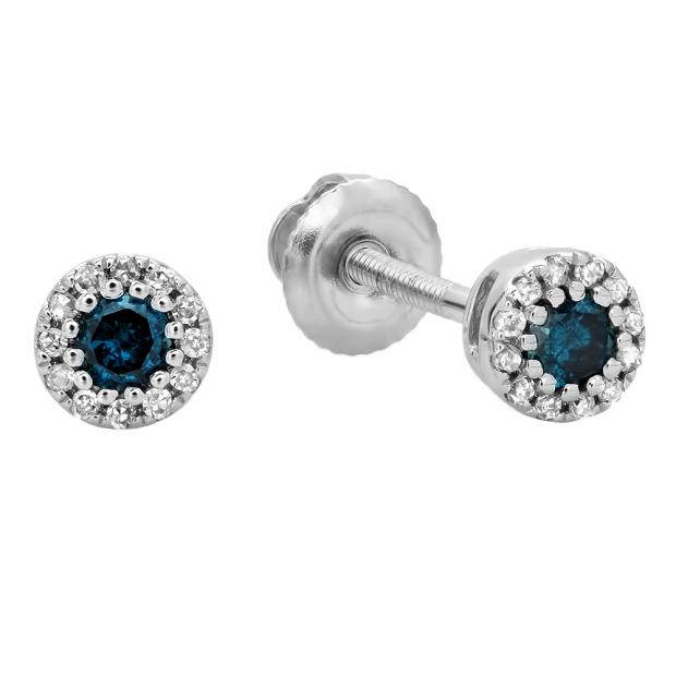 0.20 Carat (ctw) 18K White Gold Round Blue & White Diamond Ladies Cluster Halo Style Stud Earrings 1/5 CT
