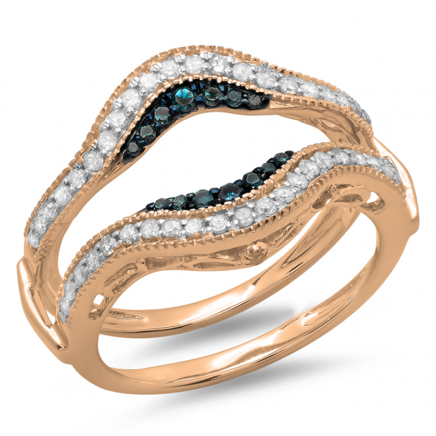 0.50 Carat (ctw) 14K Rose Gold Round Blue & White Diamond Ladies Anniversary Wedding Band Enhancer Guard Double Ring 1/2 CT