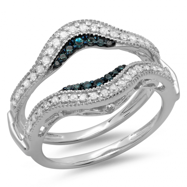 0.50 Carat (ctw) 14K White Gold Round Blue & White Diamond Ladies Anniversary Wedding Band Enhancer Guard Double Ring 1/2 CT