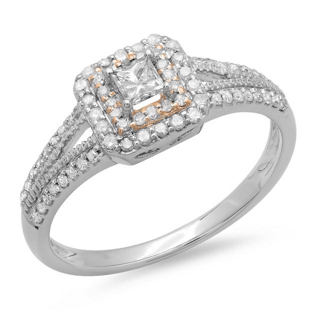 0.50 Carat (ctw) Two Tone Rose Gold Plated 14K White Gold Princess & Round Cut Diamond Ladies Split Shank Bridal Halo Engagement Ring 1/2 CT