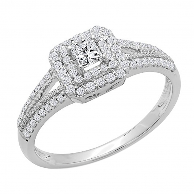 0.50 Carat (ctw) 18K White Gold Princess & Round Cut Diamond Ladies Split Shank Bridal Halo Engagement Ring 1/2 CT