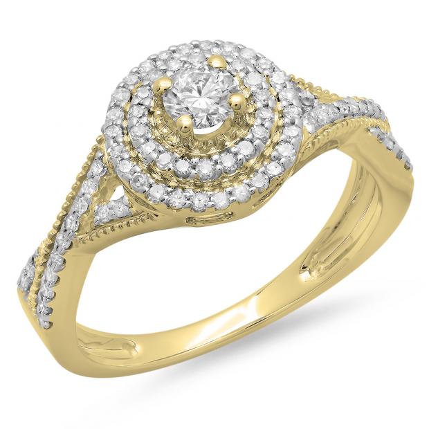 0.60 Carat (ctw) 10K Yellow Gold Round Cut Diamond Ladies Crossover Swirl Bridal Halo Engagement Ring