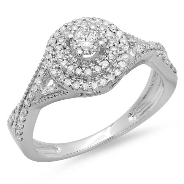 0.60 Carat (ctw) 14K White Gold Round Cut Diamond Ladies Crossover Swirl Bridal Halo Engagement Ring