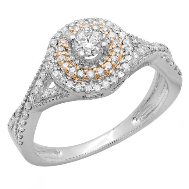 0.60 Carat (ctw) Two Tone Rose Gold Plated 14K White Gold Round Cut Diamond Ladies Crossover Swirl Bridal Halo Engagement Ring