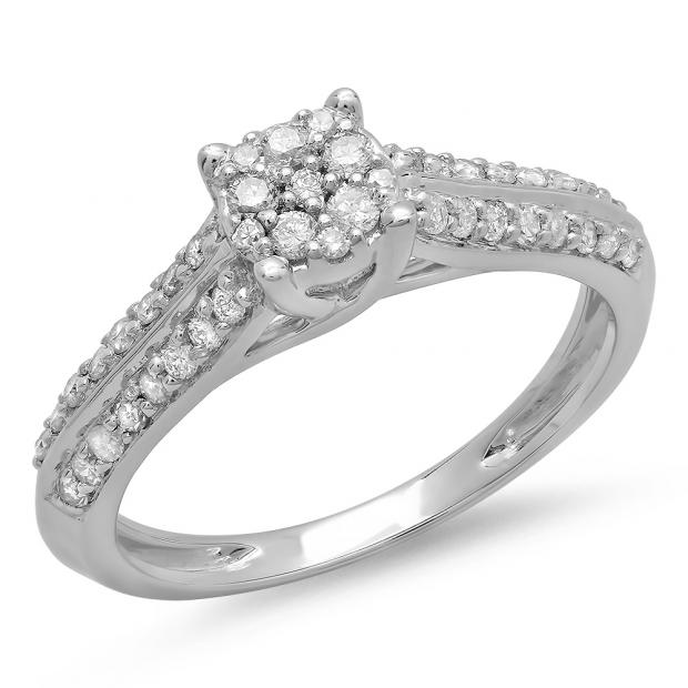 0.50 Carat (ctw) 14K White Gold Round Cut Diamond Ladies Bridal Cluster Engagement Ring 1/2 CT