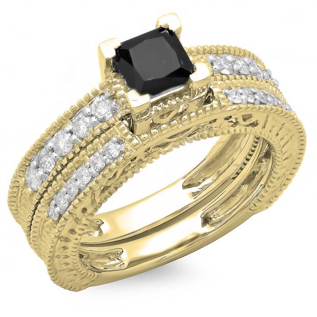 1.50 Carat (ctw) 10K Yellow Gold Princess Cut Black & Round White Diamond Ladies Bridal Vintage Engagement Ring With Matching Band Set 1 1/2 CT