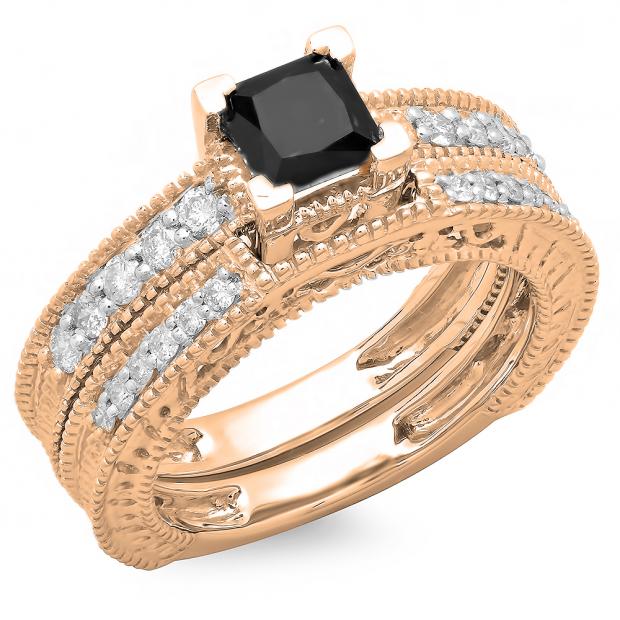 1.50 Carat (ctw) 14K Rose Gold Princess Cut Black & Round White Diamond Ladies Bridal Vintage Engagement Ring With Matching Band Set 1 1/2 CT