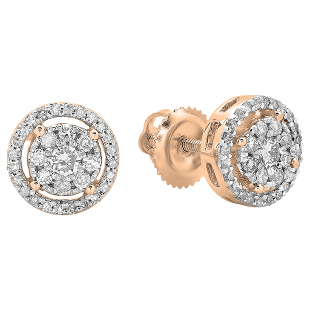 0.45 Carat (ctw) 18K Rose Gold Real Round Cut White Diamond Ladies Cluster Flower Stud Earrings 1/2 CT