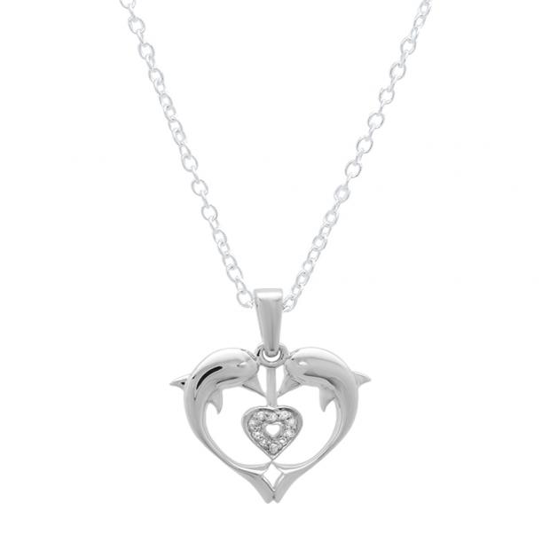 0.05 Carat (ctw) 10K White Gold Real Round Diamond Ladies Double Dolphin Heart Pendant
