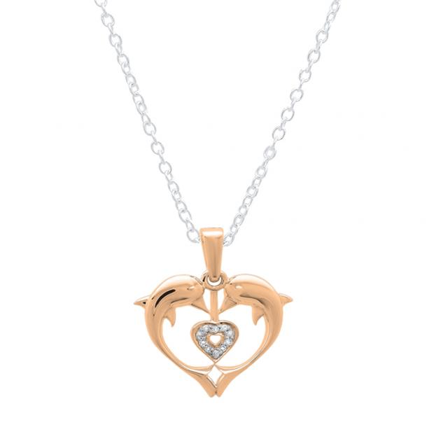 0.05 Carat (ctw) 14K Rose Gold Real Round Diamond Ladies Double Dolphin Heart Pendant