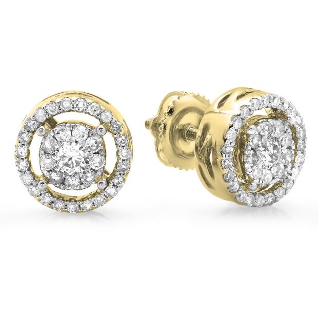 0.55 Carat (ctw) 10K Yellow Gold Real Round Cut White Diamond Ladies Cluster Flower Halo Stud Earrings 1/2 CT