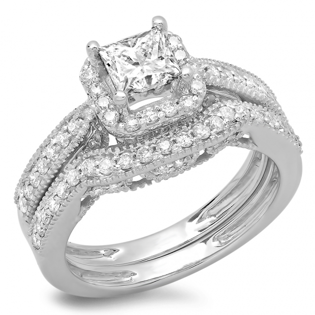 1.50 Carat (ctw) 10K White Gold Princess & Round Diamond Ladies Halo Style Bridal Engagement Ring With Matching Band Set 1 1/2 CT