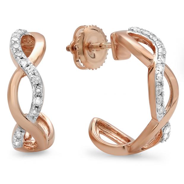 0.25 Carat (ctw) 10K Rose Gold Real Round Diamond Ladies Swirl J Shaped Hoop Earrings 1/4 CT