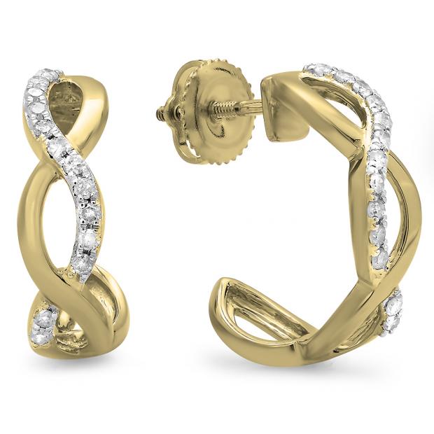 0.25 Carat (ctw) 10K Yellow Gold Real Round Diamond Ladies Swirl J Shaped Hoop Earrings 1/4 CT