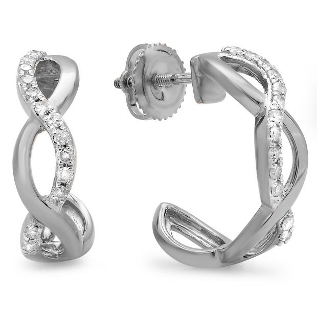 0.25 Carat (ctw) 14K White Gold Real Round Diamond Ladies Swirl J Shaped Hoop Earrings 1/4 CT