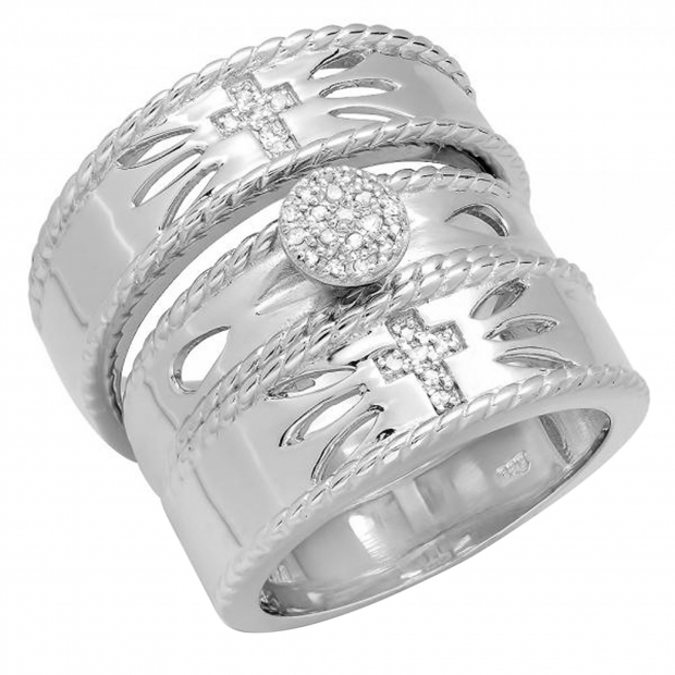 Round White Diamond Religious Cross Rope Edge Matching Wedding Trio Ring Set for Him & Her (0.20 ctw, Color I-J, Clarity I2-I3) in 925 Sterling Silver