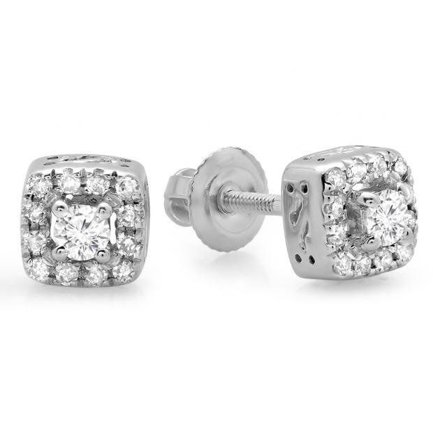 0.25 Carat (ctw) 10K White Gold Round Cut Diamond Ladies Square Frame Halo Stud Earrings 1/4 CT