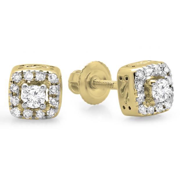 0.25 Carat (ctw) 14K Yellow Gold Round Cut Diamond Ladies Square Frame Halo Stud Earrings 1/4 CT