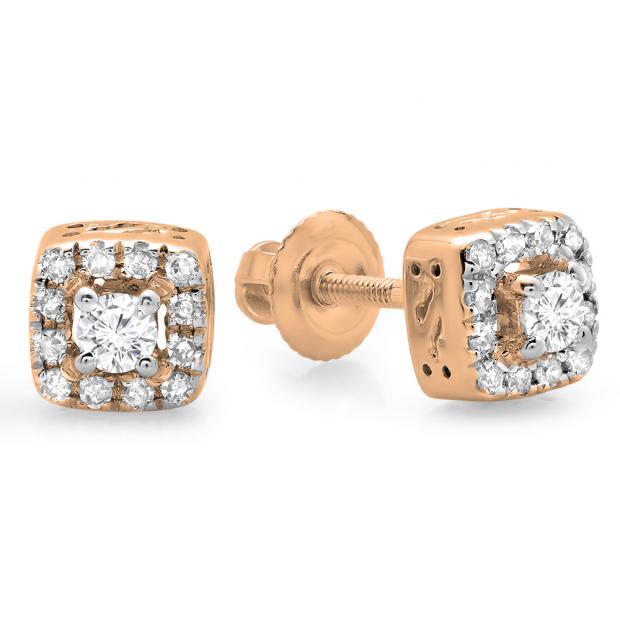 0.25 Carat (ctw) 18K Rose Gold Round Cut Diamond Ladies Square Frame Halo Stud Earrings 1/4 CT