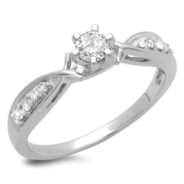 0.33 Carat (ctw) 14K White Gold Round Cut Diamond Ladies Bridal Solitaire With Accents Engagement Ring 1/3 CT