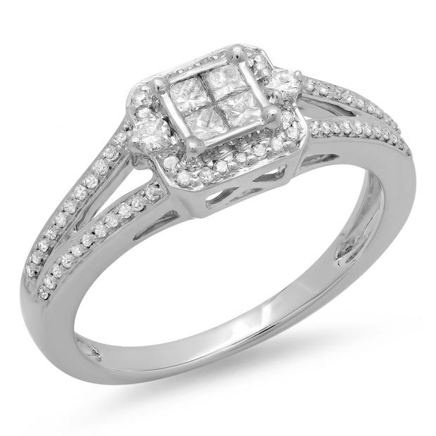 0.45 Carat (ctw) 10K White Gold Princess & Round Cut Diamond Ladies Split Shank Bridal Engagement Ring 1/2 CT