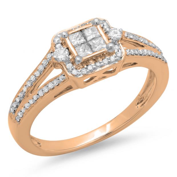 0.45 Carat (ctw) 14K Rose Gold Princess & Round Cut Diamond Ladies Split Shank Bridal Engagement Ring 1/2 CT