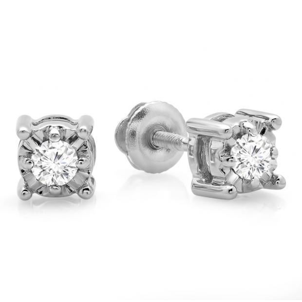 0.20 Carat (ctw) Sterling Silver Round Cut Diamond Ladies Solitaire Bezel Set Stud Earrings 1/5 CT