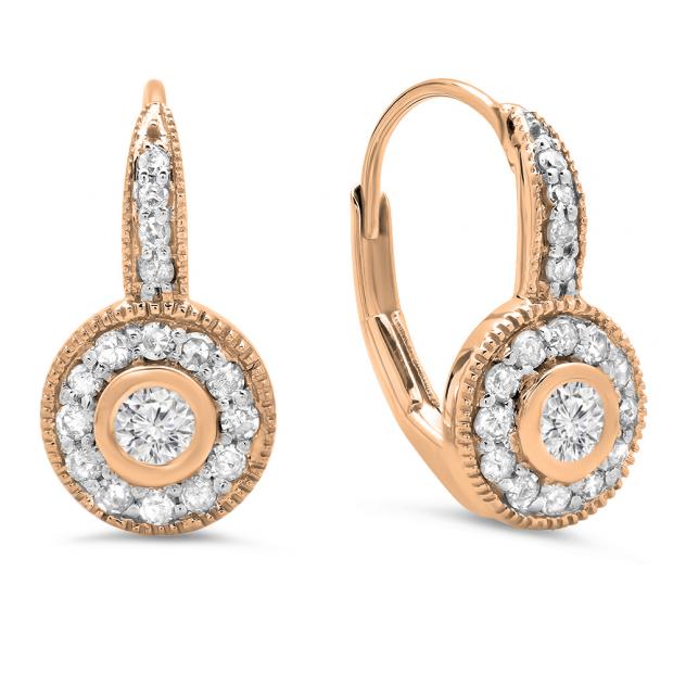 0.45 Carat (ctw) 18K Rose Gold Round Cut Diamond Ladies Cluster Halo Style Milgrain Drop Earrings 1/2 CT
