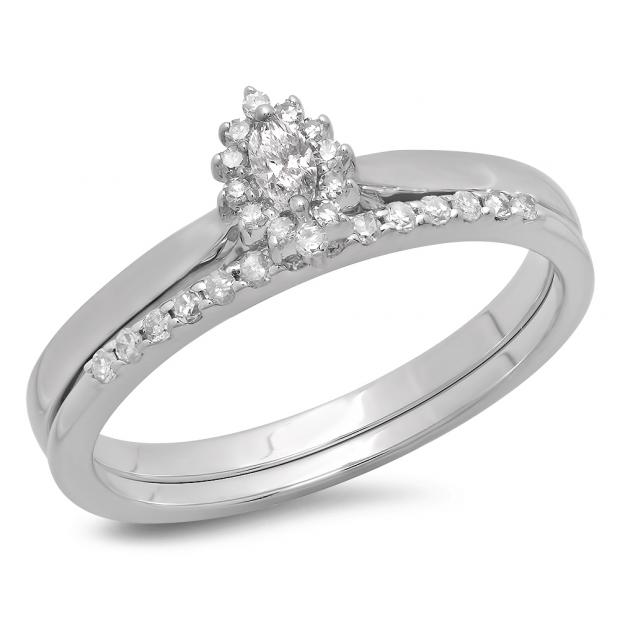 0.25 Carat (ctw) 10K White Gold Marquise & Round Cut Diamond Ladies Bridal Halo Style Engagement Ring Matching Band Set 1/4 CT